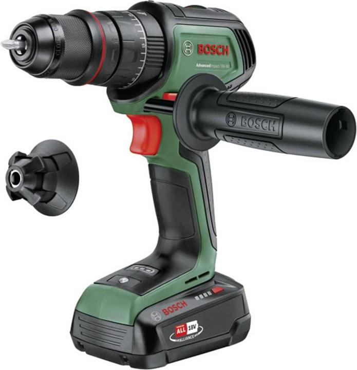 1x Tragekoffer, 1x Schrauberbit, 1x Zusatzhandgriff, 1x Austauschbares Metallbohrfutter, 1x Magnetkappe, 1x Akku PBA 18V 2.5Ah, 1x Ladegerät AL 18V-20, 1x Akku-Schlagbohrmaschine AdvancedImpact 18V-80 QuickSnap