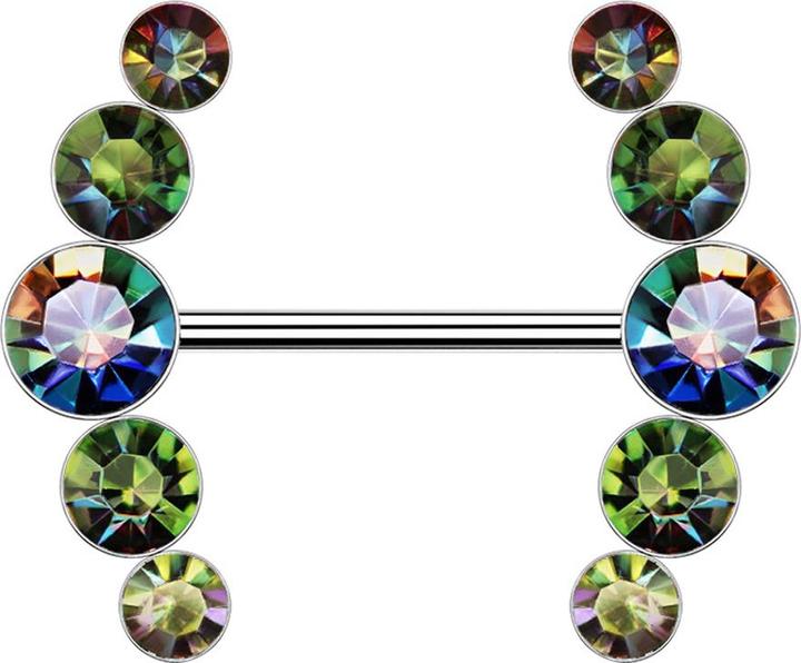 Star Piercing Barbell silber gebogen mit fünf Kristallen dunkel multicolor (Messing, Chirurgenstahl 316L)