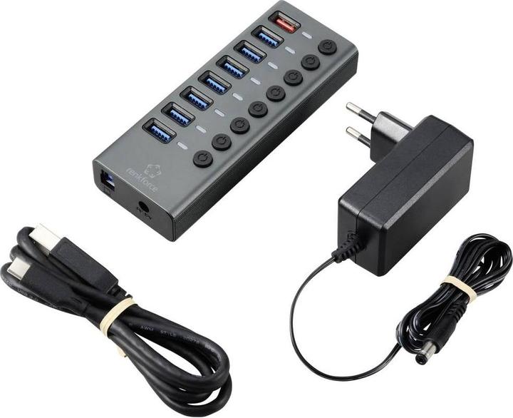 Actual product image Renkforce RF-HUB-380 8 Port USB 3.2 Gen 1 Switch + Hub (USB 3.0) with Aluminium Housing Silver-Sc (USB-A, 8 Ports)