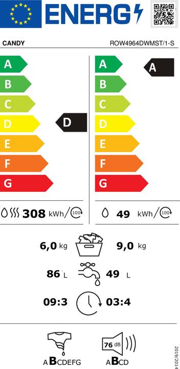 Etichetta energetica Candy Rapidα ROW4964DWMST1-S lavasciuga Libera installazione Caricamento frontale Bianco D