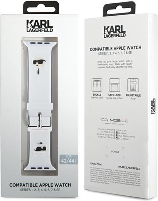 Immagine prodotto Karl Lagerfeld Pasek KLAWLSLKCNH Apple Watch 42/44/45mm biały/cinturino bianco 3D Rubber Karl&Choupette H (Silicone, Acciaio)