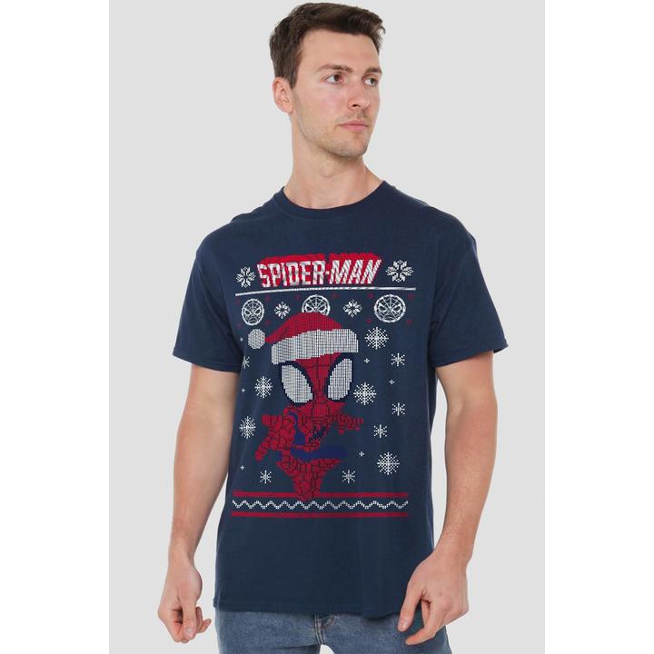 Actual product image Spiderman Mens Snowflake Christmas Sweater T-Shirt (XXL)