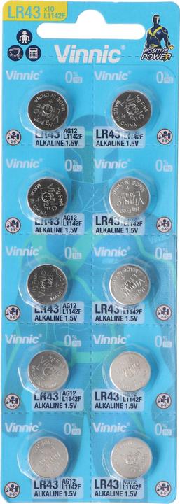 Vinnic Lot de 10 LR43, VA12GA, 186, 84, LR1142, G12, AG12, L1142, RW84, D186 (10 pcs, LR43, 80 mAh)