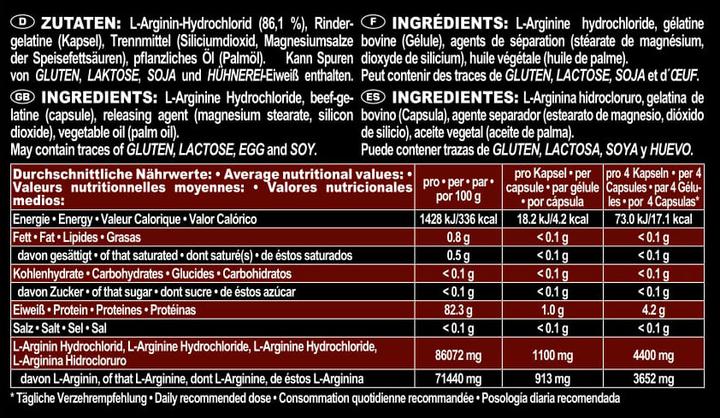 Nutritional values and ingredients IronMaxx Arginine Simplex 1200 (260 Piece, Capsules, 1200 g)