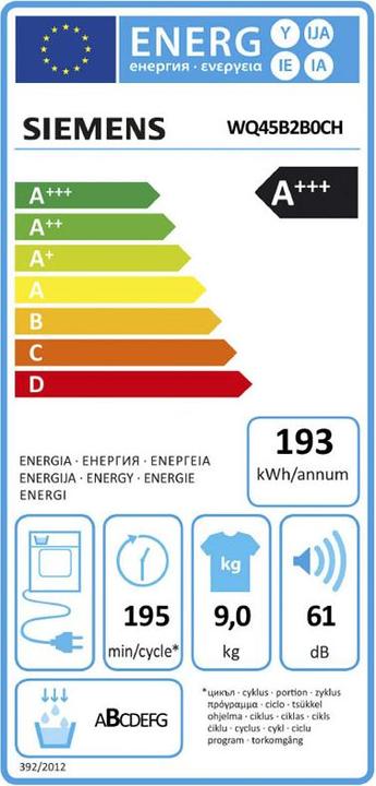 Energy Label Siemens WQ45B2B0CH (9 kg, Right, CH plug)