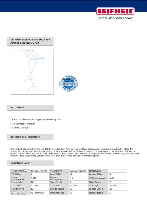 Actual product image Leifheit Classic 100 Easy tumble dryer (10 m)