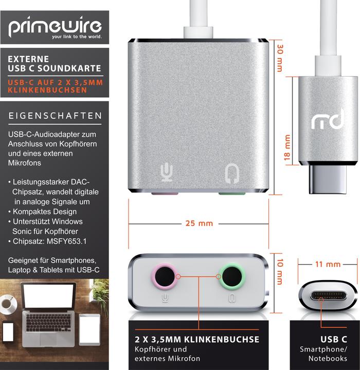 Produktbild Primewire USB C Soundkarte extern, Virtual 7.1 Surround, Stereo Audio / Kopfhörer Adapter, DA Wandler, DAC (USB-C)
