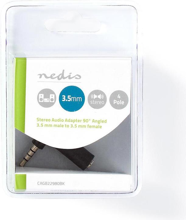 Actual product image Nedis AGB22980BK Stereo audio adapter with 3.5 mm plug, 3.5 mm plug, 90 degree angle, 4-pin, S