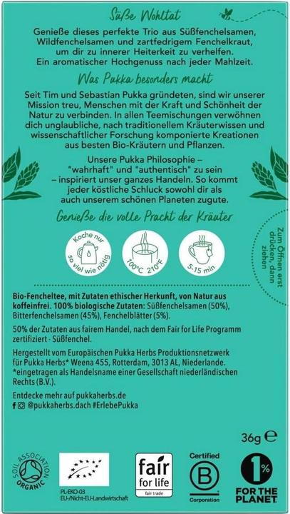 Valori nutrizionali e ingredienti Pukka Tre tè al finocchio (36 g)