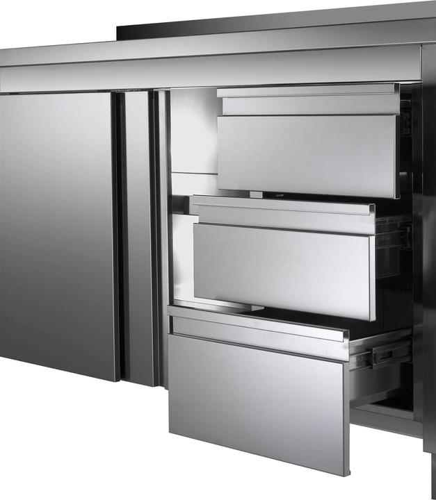 Immagine prodotto Gastro Hero Armadio da lavoro in acciaio inox ECO con anta scorrevole e cassetti con schienale (160 cm, 85 cm)