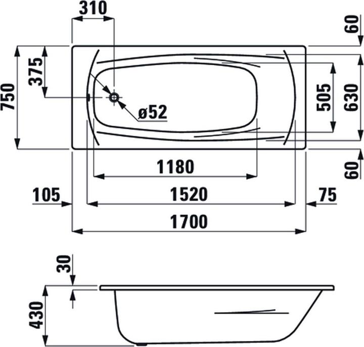 Produktbild Laufen PALLADIUM Badewanne 170x75x43cm, Stahl emailliert 3,5mm, weiss (135 l, 170 cm, 75 cm)