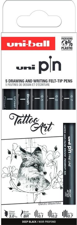 Uni-ball Fineliner PIN ""Tatoo Art"" PF, set of 5 water-resistant, pigmented ink, metal edging (Black, 5 x)