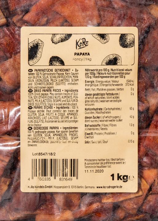 Nährwerte und Zutaten KoRo Getrocknete Papaya (1000 g)