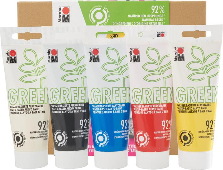 Produktbild Marabu Bastelfarbe Alkydfarbe Green Set Basic, 5 x 100 ml (Lichtgelb, Weiss, Saphirblau, Hellrot, 100 ml)