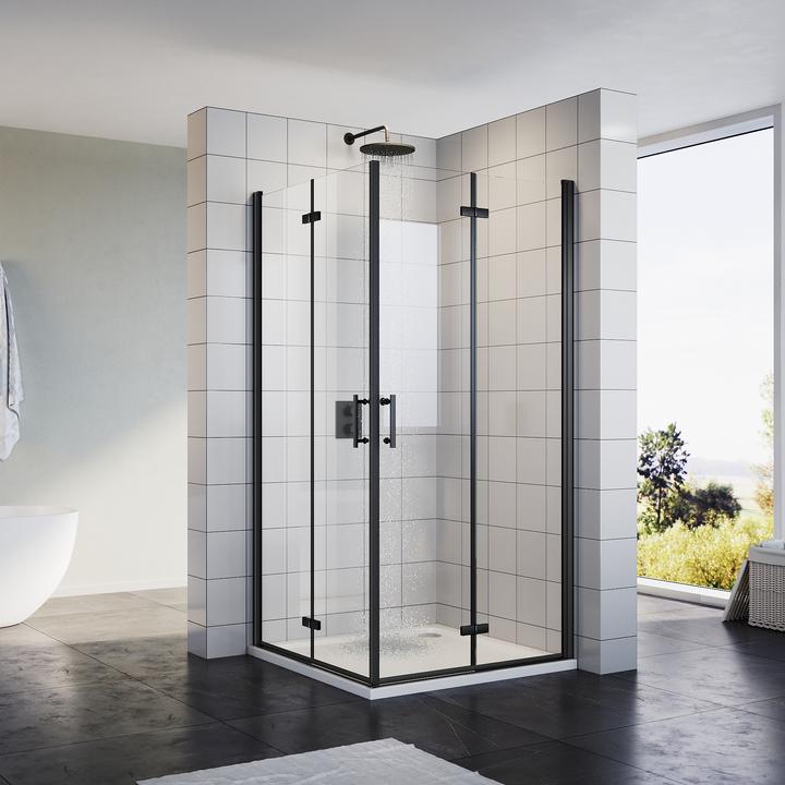 Actual product image SONNI Folding door, shower enclosure, corner entry, shower cubicle, 90 x 120 cm, black, 6 mm, glass (120 cm, 90 cm, 195 cm)