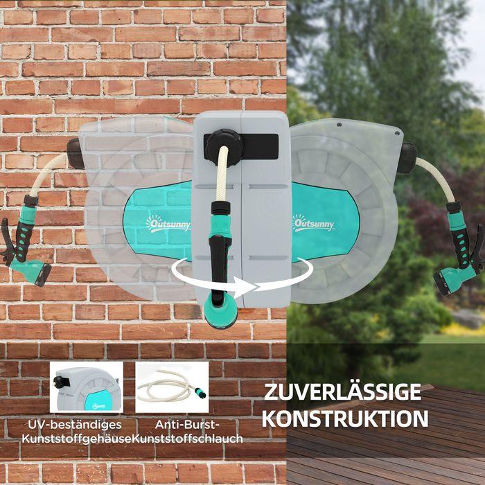 Actual product image Swisshandel24 Schlauchtrommel mit Gartenschlauch 25m, Wandmontage, automatische Aufrollung, Handbrause, Grün+Grau (25 m)