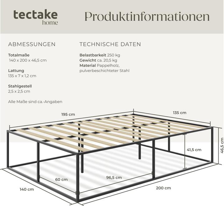 Produktbild tectake Metallrahmenbett Kyoto mit Lattenrost, 250 kg (200 x 140 cm)