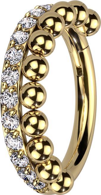 Produktbild Star Piercing Micro Segmentring klappbar vergoldet seitlich Kristalle front Kugeln (ohne Messing, Chirurgenstahl 316L)