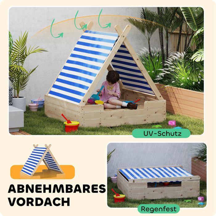 Produktbild Swisshandel24 Sandkasten mit Zeltdach, 120 x 120 cm Sandkiste aus Holz mit Bodenplane Natur