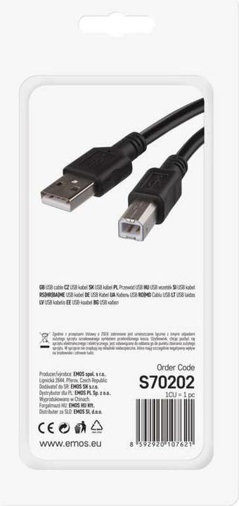 Actual product image Emos USB cable 2.0 A plug - B plug 2m (2 m, USB 2.0)