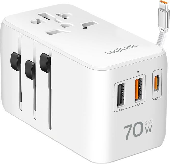 Produktbild LogiLink Universal-Reisenetzteil, 70 W (PD), 4x-Anschlüsse+Kabel, feuerfest, weiss