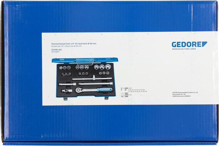 Produktbild Gedore 19 EMU-20 Steckschlüssel-Satz 1/2", 23-teilig, 6-kant, 8-32 mm (32 mm, 20 mm, 19 mm, 27 mm, 21 mm, 14 mm, 29 mm, 18 mm, 11 mm, 12 mm, 23 mm, 26 mm, 22 mm, 15 mm, 25 mm, 13 mm, 16 mm, 24 mm, 31 mm, 8 mm, 10  mm, 30 mm, 17 mm, 28 mm, 9 mm)