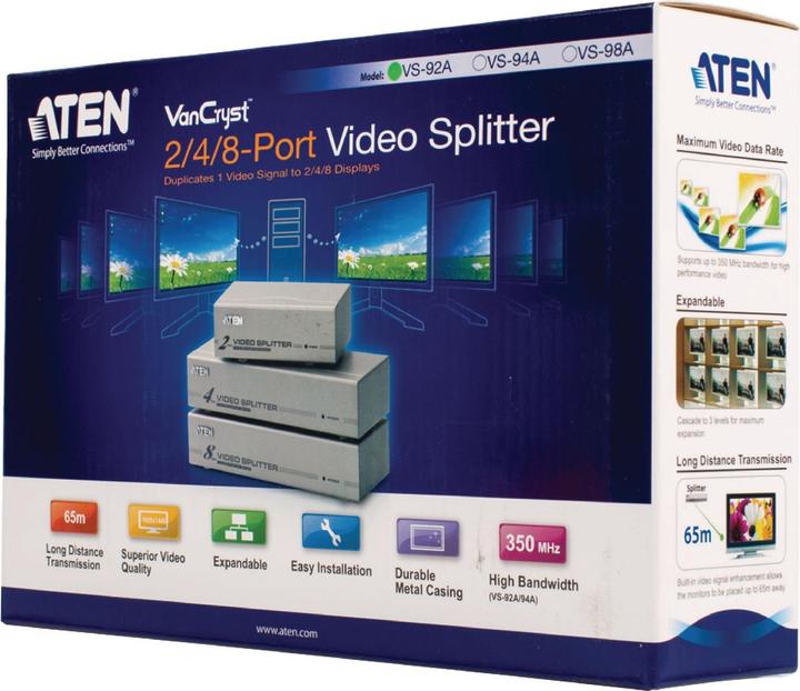 Image du produit Aten VS92A, répartiteur VGA à 2 ports avec amplificateur de signal jusqu'à 30m