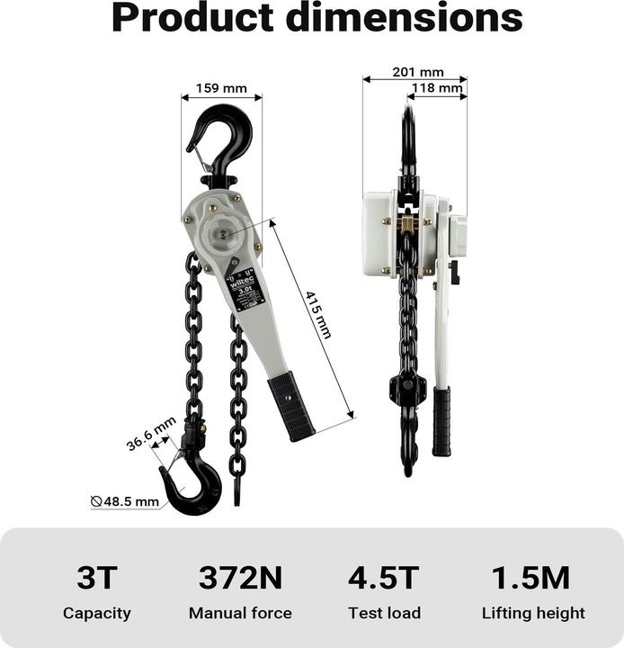 Actual product image Wiltec Lever Hoist, Durable Hoist Can Lift up to 3 Tonnes, Dual Brake System