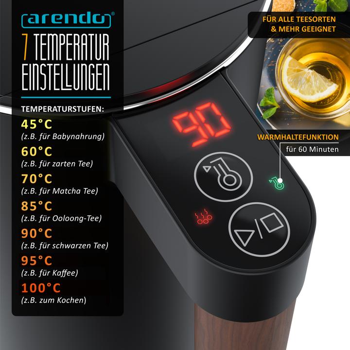 Actual product image Arendo Stainless steel kettle 1.5 L, 2200 W, temperature setting 45°C - 100°C, keep warm function, black (1.50 l)