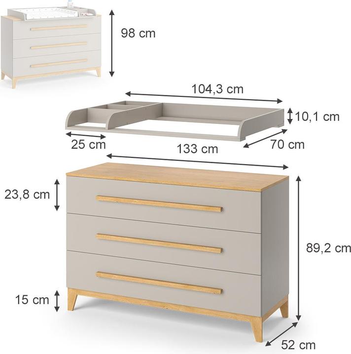 Produktbild VitaliSpa Wickelkommode Malia, Cashmere-Eiche, 133 x 98 cm XL mit 3 Schubladen