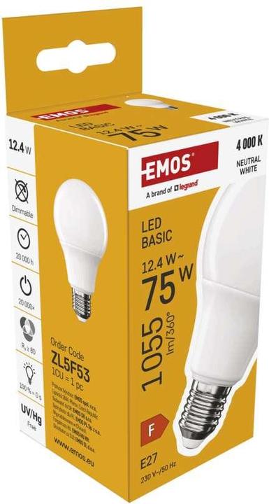 Immagine prodotto Emos Lampada LED Basic A60 / E27 / 12,4 W (75 W) / 1055 lm / Bianco neutro (E27, 12.40 W, 1055 lm, 1 x, F)