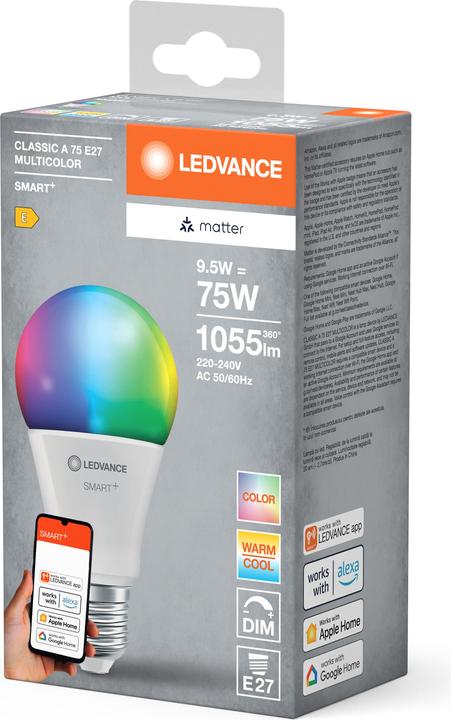 Produktbild Ledvance SMART+ MATTER CLASSIC A MULTICOLOR 9.5W 827...865 Multicolor E27 (E27, 9.50 W, 1055 lm, 1 x, F)