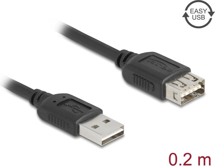 Image du produit Delock USB 2.0 Verlängerungskabel EASY USB Typ-A Stecker zu Typ-A Buchse 0,2 m (0.20 m, USB 2.0)