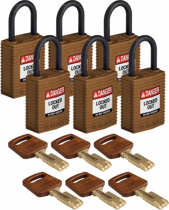 Actual product image Brady Safekey Compact nylon security lock with nylon shackle, brown, 25 mm shackle height, 4.3 mm shackle