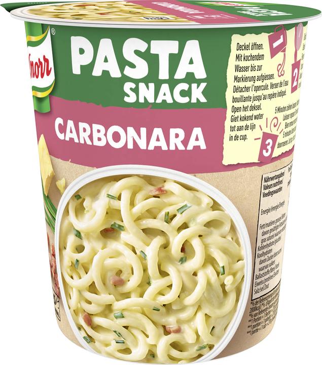 Produktbild Knorr Pasta Snack Carbonara Becher, Teigwaren mit cremiger Sauce & Speck, in 5 Minuten zubereitet (88 g)