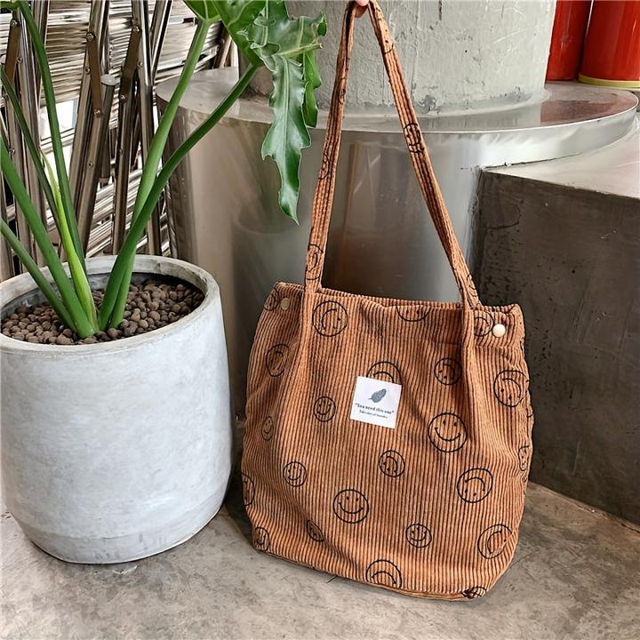 Image du produit Only-Bags.Store Sac fourre-tout rétro en velours côtelé, sac à bandoulière imprimé d'un visage souriant, sac à main