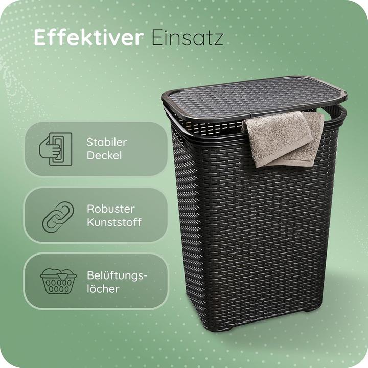 Immagine prodotto Novaliv Rattan Wäschekorb mit Deckel 60L Schwarz, Wäschebox Wäscheeimer Wäschebehälter modern für Ba (60 l)