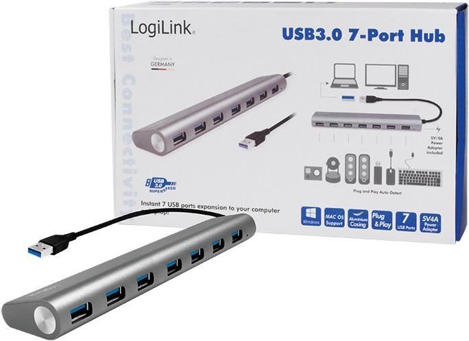Image du produit LogiLink UA0308 - Hub USB 3.0, 7 ports avec lecteur de carte, boîtier en aluminium, pilkas (USB-A, 7 Ports)