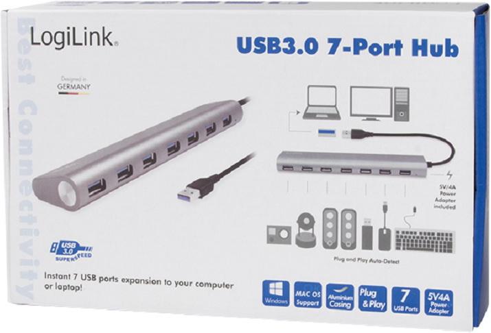 Image du produit LogiLink UA0308 - Hub USB 3.0, 7 ports avec lecteur de carte, boîtier en aluminium, pilkas (USB-A, 7 Ports)
