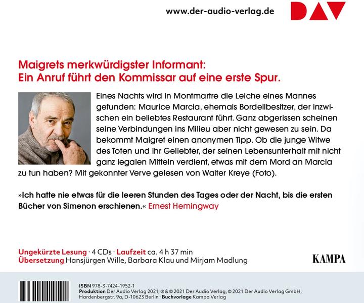 Image du produit Maigret et le mouchard (Georges Simenon, Wolfgang Stockmann, Hansjürgen Wille, Barbara Klau, Mirjam Madlung, Walter Kreye, Allemand)