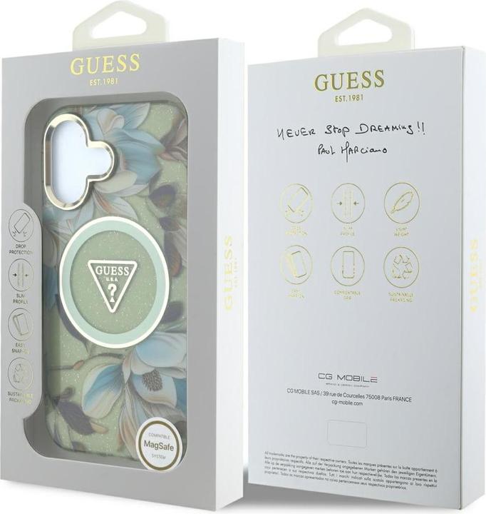 Immagine prodotto Guess Glitter Flowers Triangle Buttons MagSafe case for iPhone 16 green (Apple iPhone 16)