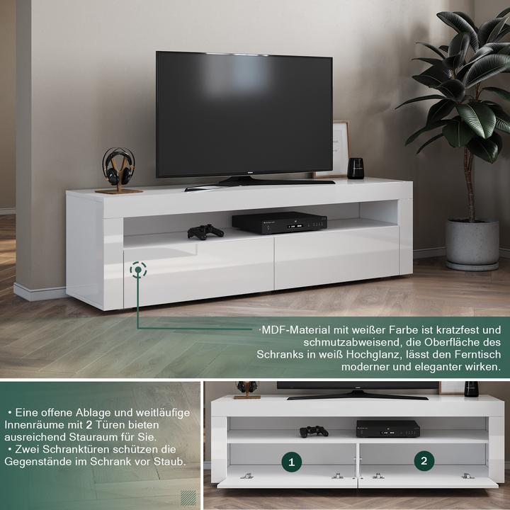 Image du produit SONNI Meuble TV mural avec éclairage LED (configurable en 12 couleurs), 155 x 40 x 45 cm, blanc bril