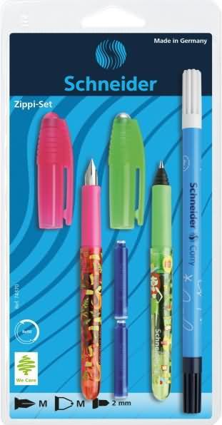 Produktbild Schneider Rinkinys Zippi Füllfederhalter und Tintenroller, Radiergummi, 2 Patronen, Blister (Sortiert, 1 x)