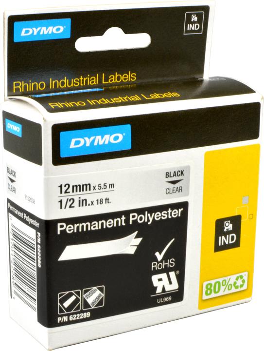Produktbild Dymo Rhino 12mm schwarz auf Hell Perm Poly (1.20 cm, Transparent)