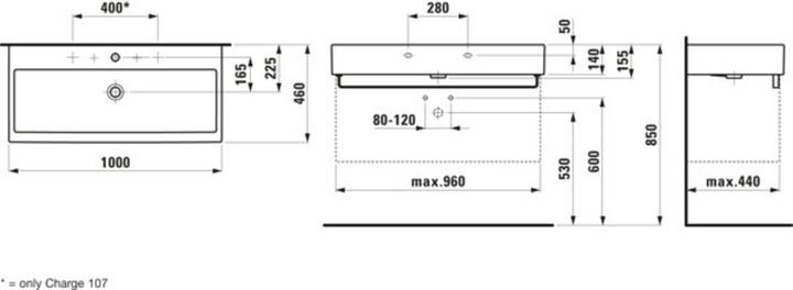 Produktbild Laufen Living City Waschtisch, je 1 Hahnloch links u. rechts, mit Überlauf, 1000x460mm, weiss (484 mm, 1000 mm)