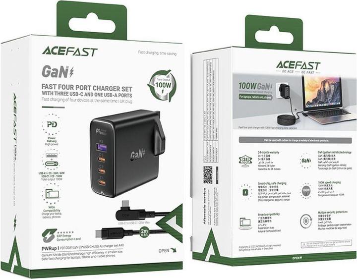 Produktbild Acefast Set of 2x fast charger GaN UK 100W Power Delivery 3x USB C 1x USB - white / black (100 W)