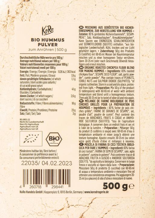 Valori nutrizionali e ingredienti KoRo Miscela di farina di ceci biologici tostati per preparare l'hummus (500 g)