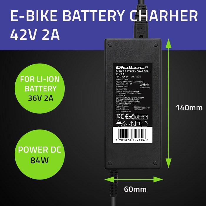 Produktbild Qoltec Ładowarka do baterii roweru elektrycznego 36V | 42V | 2A | 5.5*2.1 (E-Bike Ladegerät)