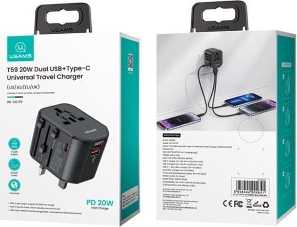 Actual product image Usams T59 Travel Charger with 20W Dual USB-A + Type-C