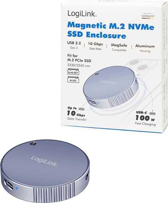 Image du produit LogiLink Magnetisches USB 3.2 Gen2 SSD-Gehäuse, 100 W PD, MagSafe-kompatibel, Spacegrau (M.2)